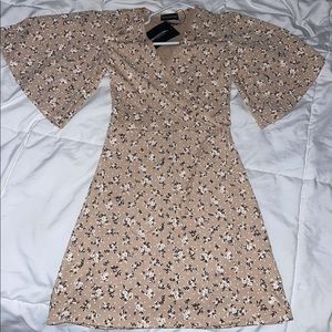 Beige Ditsy Floral Tie Wrap Tea Dress